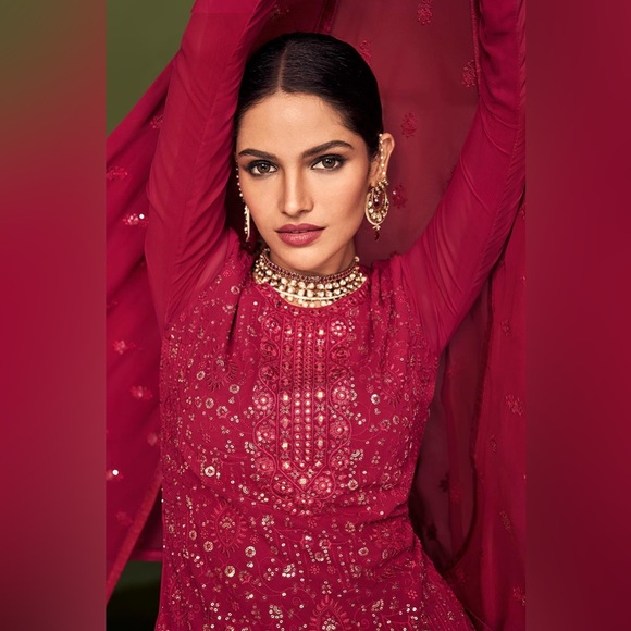 Ruby Red Straight Cut Party Wear Sharara Suit In Georgette - Picture 2 of 3